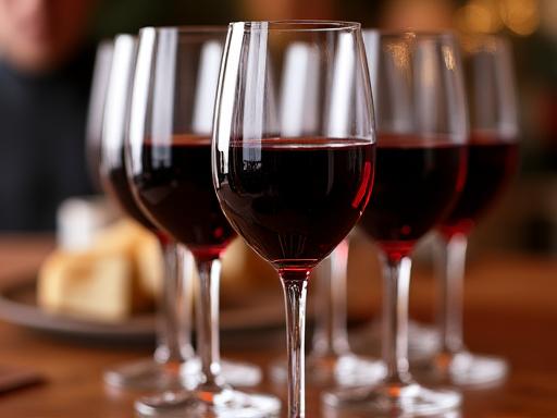 Calici di vino rosso allineati per una degustazione